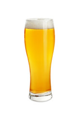 Glass of tasty light beer on white background