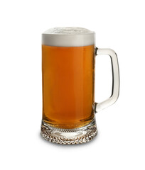 Glass mug of tasty light beer on white background