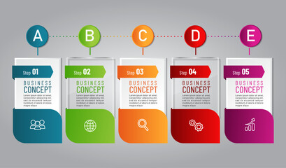 business infographic 3 d, 5 steps, Glass design, square style, can be used for workflow layout, diagram, annual report, web design.Creative banner, label vector, Banner design.