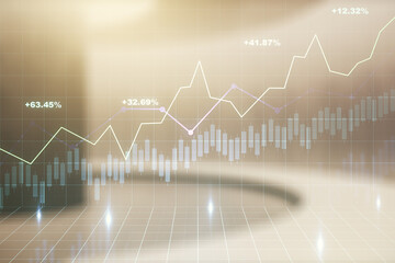 Multi exposure of virtual abstract financial graph interface on modern interior background, financial and trading concept