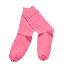 Pink socks on white background, top view