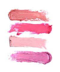 Smears of different beautiful lipsticks on white background, top view