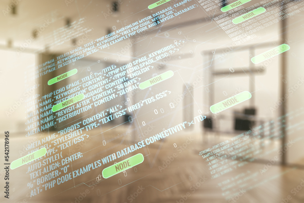 Poster multi exposure of abstract software development hologram on modern corporate office background, rese