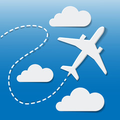 White airplane flying on the blue sky and cloud. Paper cut art style of business success and leadership creative concept idea. Vector illustration.