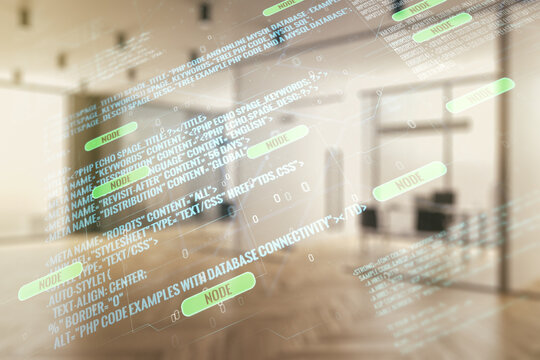 Multi exposure of abstract software development hologram on modern corporate office background, research and analytics concept