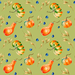 Obraz na płótnie Canvas Pumpkins, spikelet, blueberry watercolor seamless pattern on green.