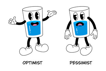 The concept of optimist and pessimist. Two glasses half empty or full of water. Groovy retro character of a glass of water. Vector illustration. - obrazy, fototapety, plakaty
