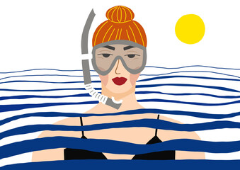 Female portrait. Girl bathes in the sea. Rest in the ocean, scuba diving.