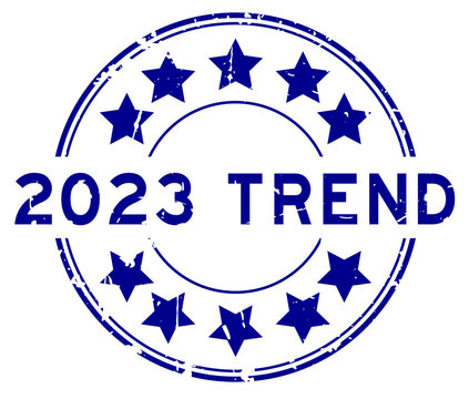 Grunge blue 2023 trend word with star icon round rubber seal stamp on white background