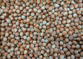 brown hazelnuts in a basket on the supermarket counter