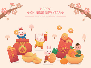 Obraz na płótnie Canvas Poster for Chinese New Year, cute rabbit character or mascot, red paper bag or coin or gold ingot, new year elements, Chinese translation: spring and money