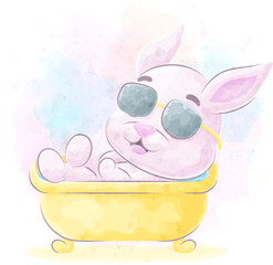 Cute doodle a Rabbit with watercolor illustration
