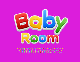 Vector playful emblem Baby Room.   Creative children's Font. Colorful Alphabet Letters, Numbers and Symbols.