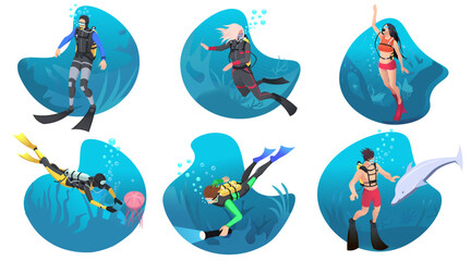 Set of divers characters isolated on white background. Men and women dive with scuba diving equipment. People swims with mask and snorkel in colorful wetsuits and fins under water. Vector illustration