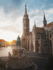 Naklejka premium Statue of St Stephen and Matthias Church at Fishermans Bastion - Budapest, Hungary