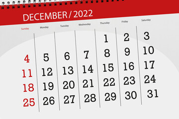 Calendar 2022, deadline, day, month, page, organizer, date, december - obrazy, fototapety, plakaty