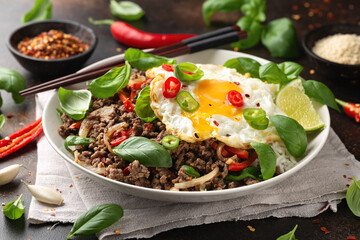 Stir Fried Pad Kra Pao with rice and egg in white plate - obrazy, fototapety, plakaty