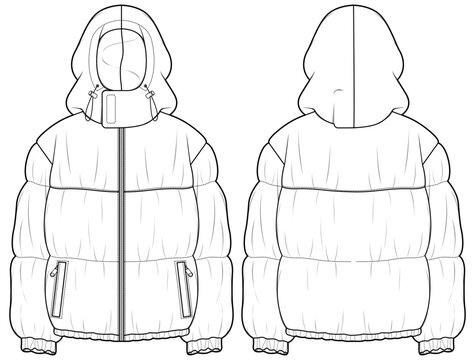 Hooded Puffer Jacket Design Flat Sketch Illustration Front And Back View Vector Template, Quilted  Hoodie Puffa Winter Jacket For Men And Women