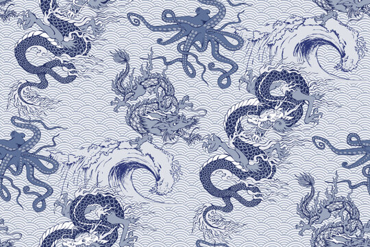 Pattern of asian dragon and sea wave.  In style Toile de Jou. Vector illustration. Suitable for fabric, wrapping paper and the like