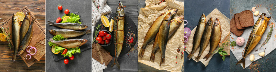 Set of tasty smoked mackerel fish on table