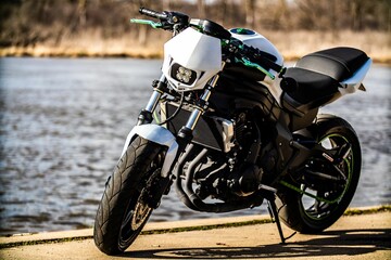 Close-up of a black motorcycle with white details and green lines on lake background on sunny day