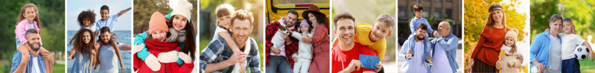 Collage of happy families walking outdoors