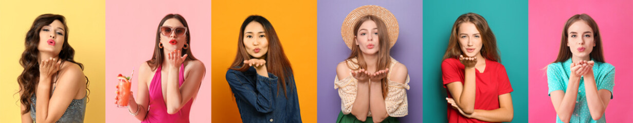 Collection of beautiful women sending air kisses on color background