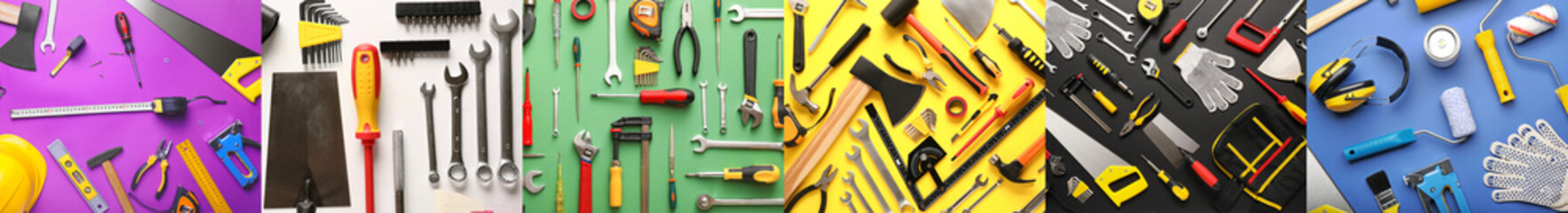 Collage with many construction tools on color background, top view