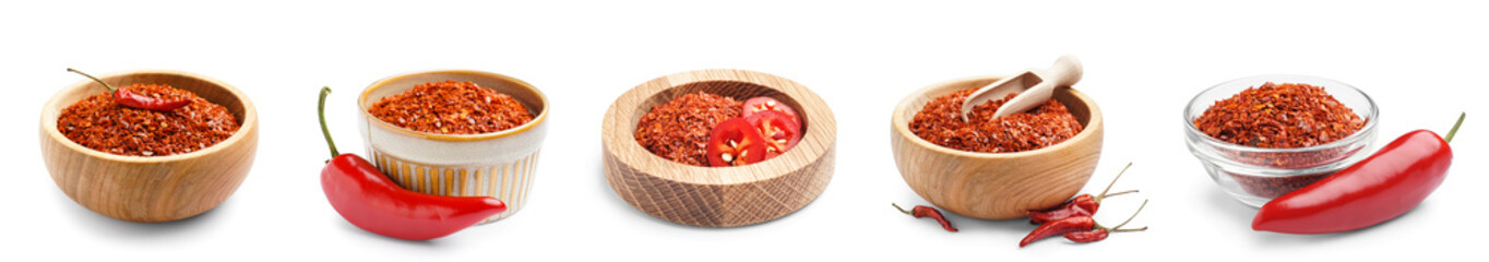 Collage of red chili flakes in bowls on white background - Powered by Adobe