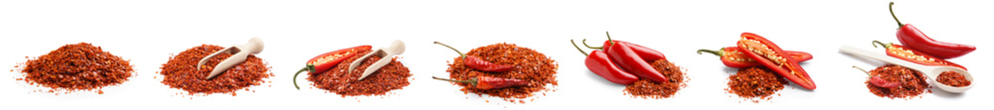 Collage of red chili flakes on white background