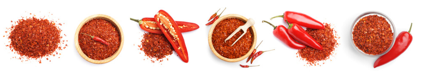 Collage of red chili flakes on white background, top view