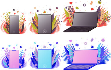 An empty tablet,a laptop, smartphone screen in vertical orientation with leaves and plants. Vector illustration