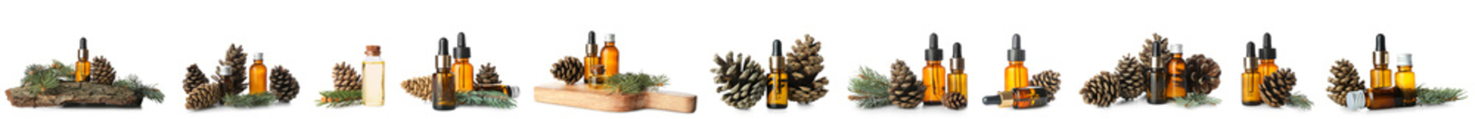 Group of pine cone essential oil in bottles on white background