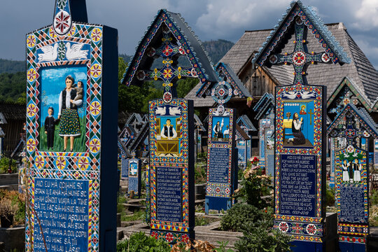 Sapanta, Romania - July 8, 2022: Merry cemetery in Sapanta village, Maramures county, Romania.