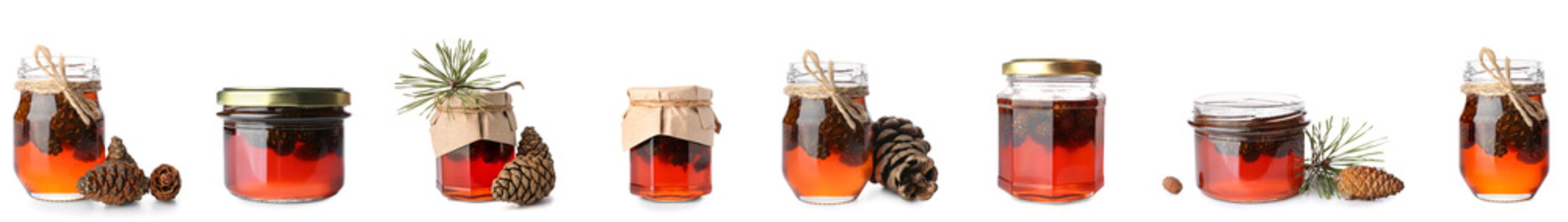 Collage of jars with tasty pine cone jam on white background