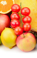 vegetables and fruits isolated on white background. Vertical photo.