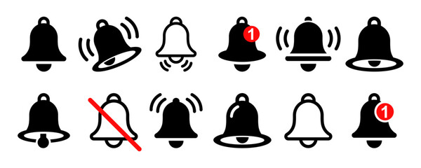 Set of notification bells vector icon. Ringing bell on white background. New notice or incoming message. Vector 10 Eps.