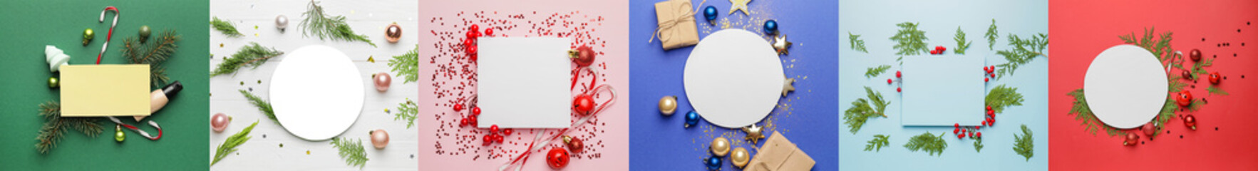 Beautiful Christmas compositions with blank cards and decorations on color background