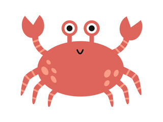 Vector cute red sea crab. Funny smiling crab with claws. Marine life animal in flat design.