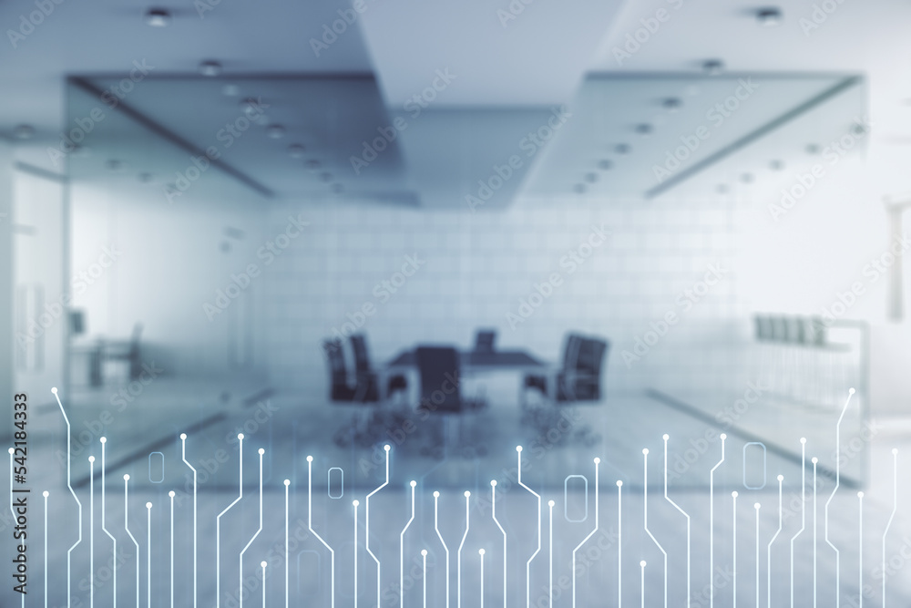 Poster abstract virtual micro chip hologram on a modern furnished classroom background, artificial intellig