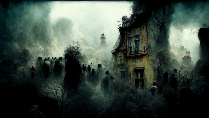 Fototapeta na wymiar Scary landscape in the village. Ghosts rise from their graves. Zombies in the graveyard. Rural dark landscape. Panorama from a horror movie. A drawing of a dark landscape. 3D rendering