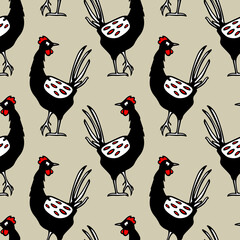 Vector seamless pattern with hand drawn cute funny chicken. Beautiful ink drawing, heavy contour, graphic style. Perfect for food or farming prints and patterns.
