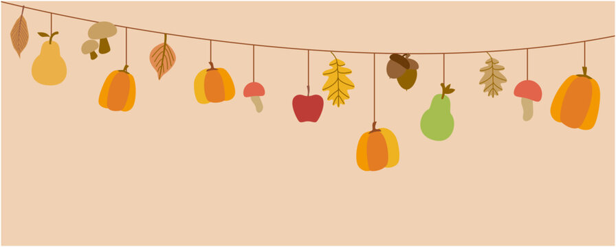 Autumn decoration garland. Pumpkin, fallen leaves, pears, mushrooms hanging decoration background. Thanksgiving, Harvest graphic design elements. Vector illustration.
