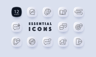 Speech bubble set icon. Correspondence, chat, mute, notification, silence, dialog, sms, mail, message, information, notice, support. Neomorphism style. Vector line icon for Business