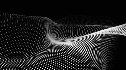 Wave of flowing particles on a dark background. Abstract backdrop with dynamic elements of waves and dots. Vector