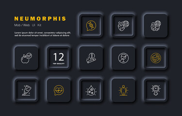 Healthy lifestyle set icon. Cigarettes, alcohol, smoking, blood clots, dna, sugar, tobacco, diabetes, cirrhosis, nicotine, obesity, pulse, harm to health. Healthcare concept. Neomorphism style