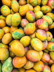 Tasty ripe mangoes as background, closeup