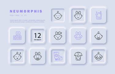 Baby care set. Kid, stroller, bottle, cubes, mirror, duck toy, diapers, nappy, pacifier, baby cream, baby romper, socks, baby monitor. Child concept. Neomorphism. Vector line icon