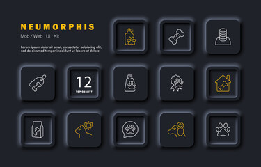 Animal set icon. Dog, cat, booth, mouse toy, parrot, collar, hedgehog, cage, paw, bone, scratching post, pet, balanced food. Veterinarian concept. Neomorphism. Vector line icon