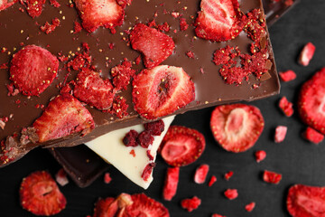 Different chocolate bars with freeze dried fruits on black wooden table, closeup